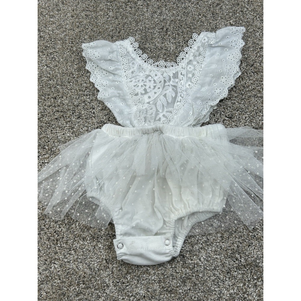 Romper Skirt Tul Size 0-3 Months White Button Sleeveless #0117